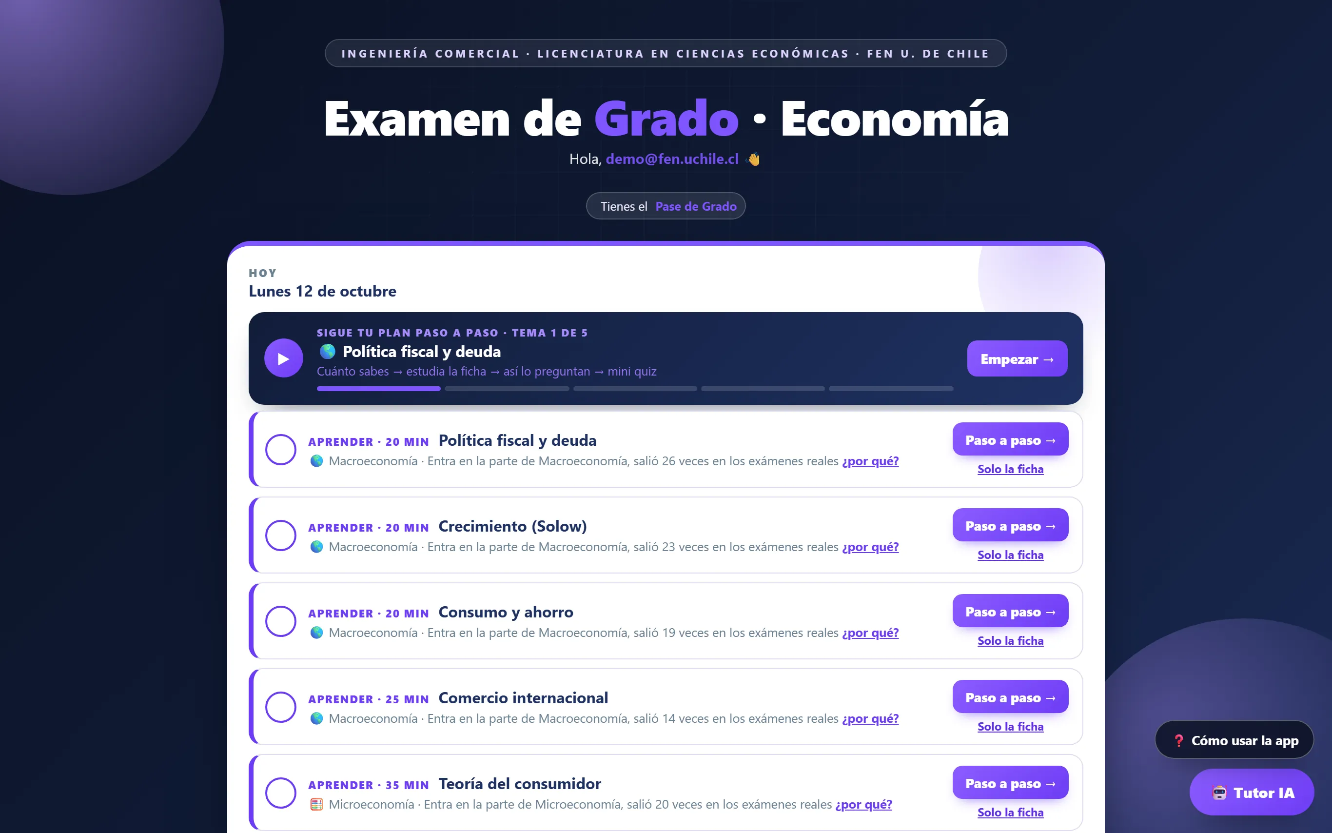 Inicio de la app de Economía con el plan de hoy