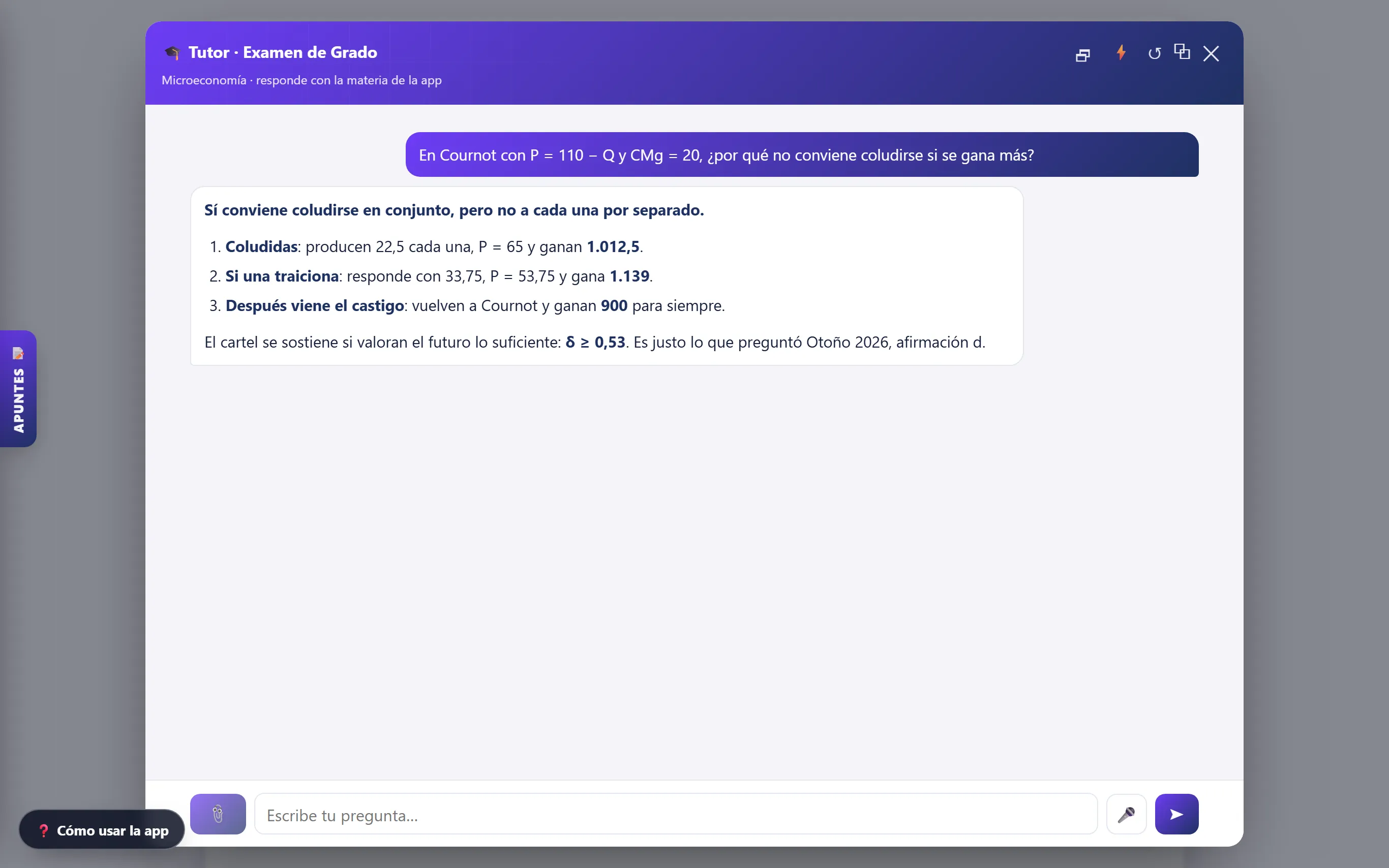 Tutor IA respondiendo sobre colusión en Cournot